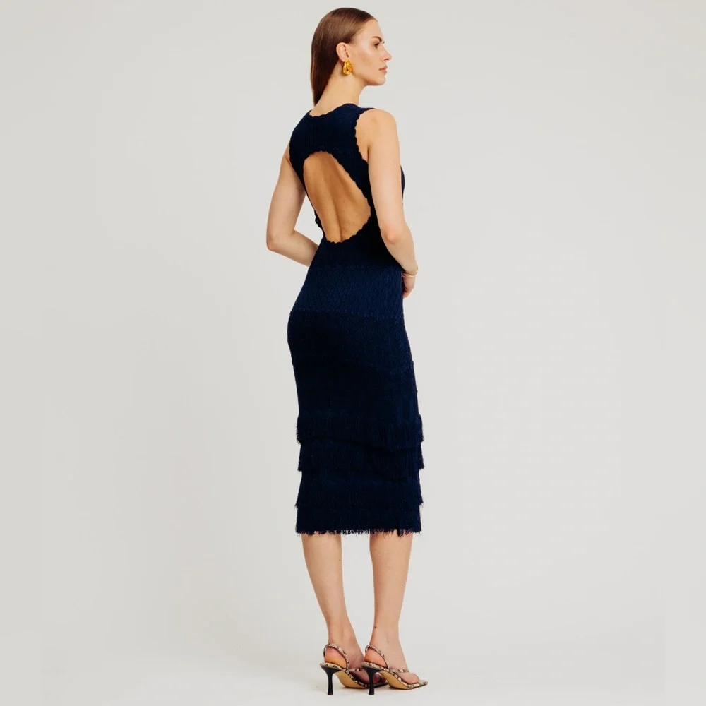 Torn By Ronny Kobo Ryan Black Crochet Knit Fringe Midi Dress Small